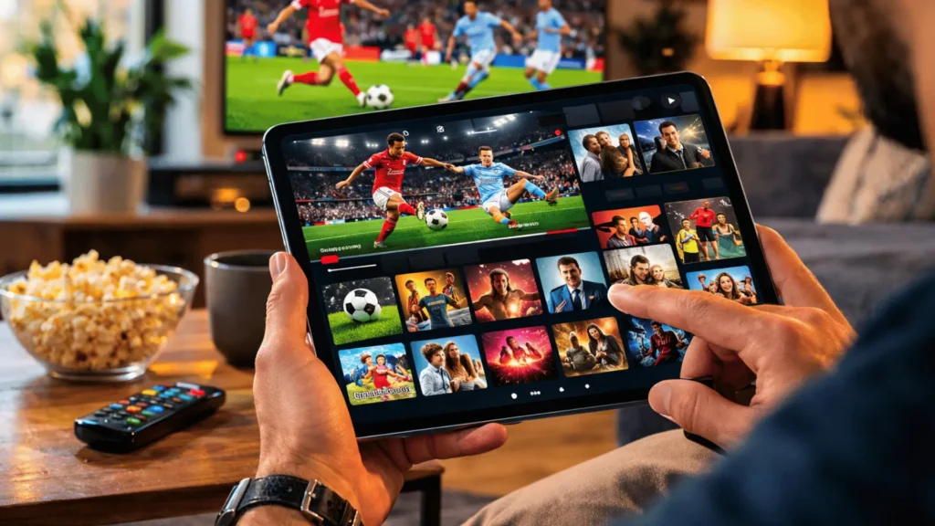User browsing sports and entertainment channels during an IPTV free trial