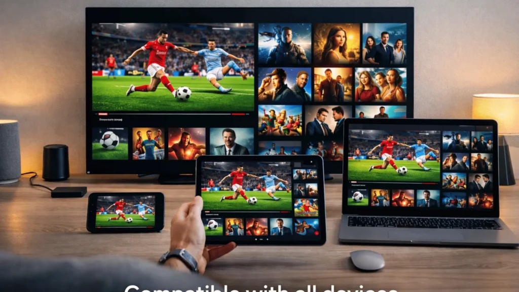 Smart TV, smartphone, tablet and laptop showing IPTV streaming on multiple devices