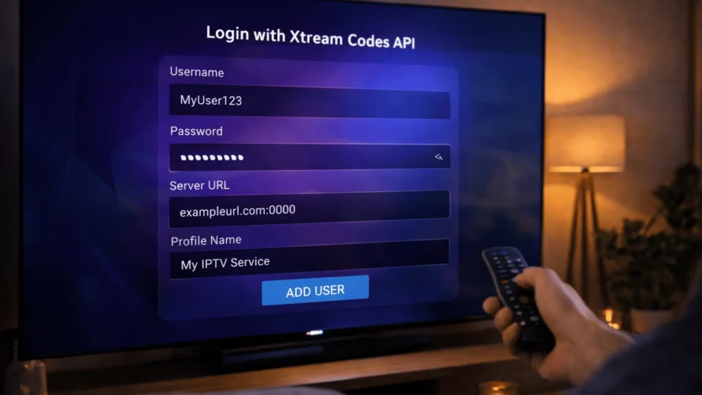 IPTV Xtream Codes API login screen with username password and server URL fields filled