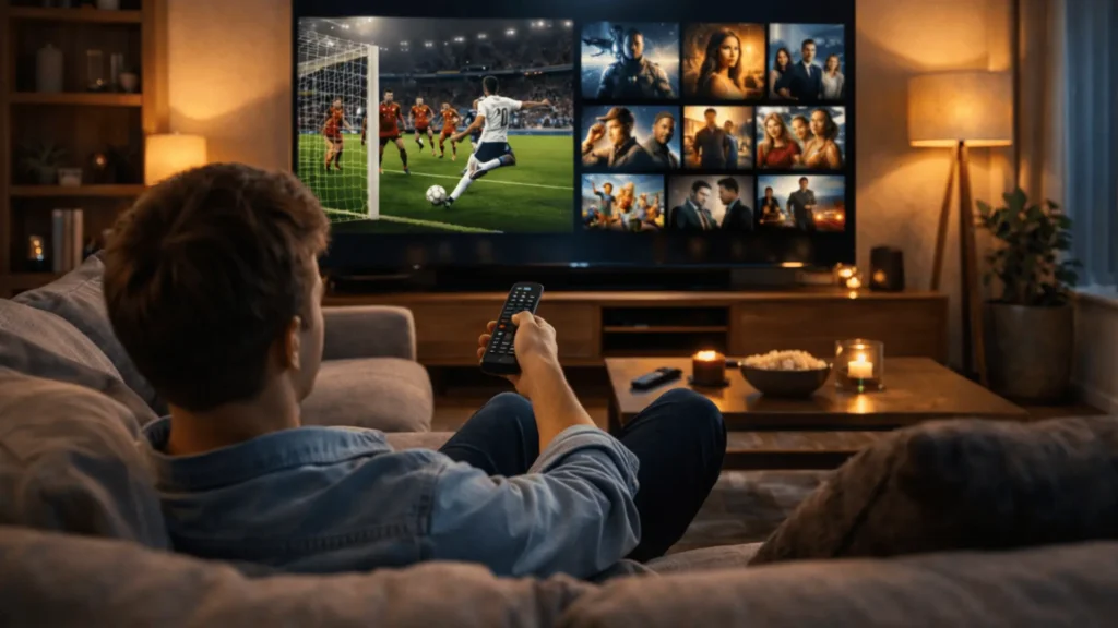 Person watching IPTV channels on a smart TV during an IPTVUK free trial